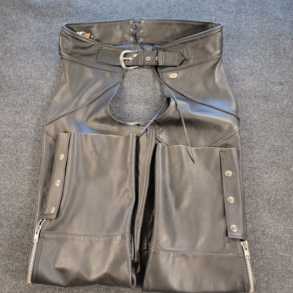 Motorcycle Chaps Mens XL Black Leather Zipper Snap Laces Harley Davidson Sturgis